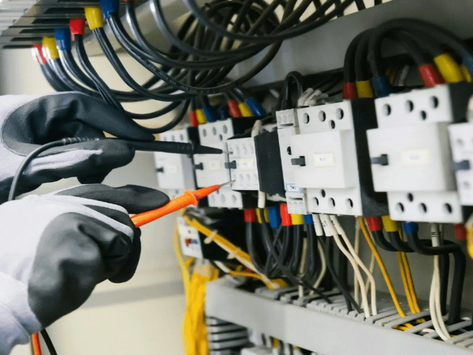 Electricista midiendo un tablero con multímetro
